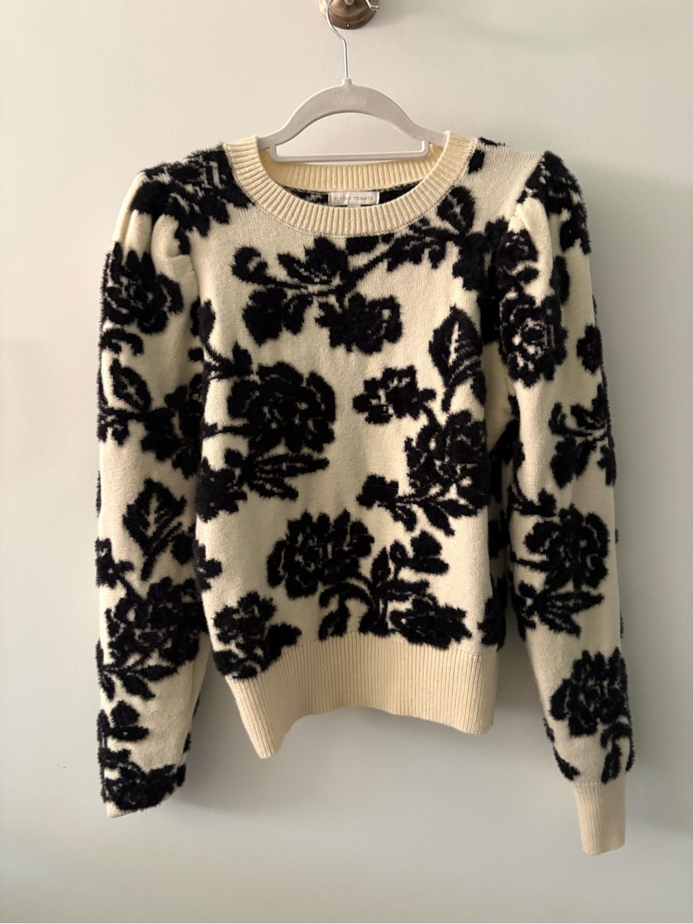 Flying Tomato Black Floral Jacquard Crewneck Sweater - Cream Base
